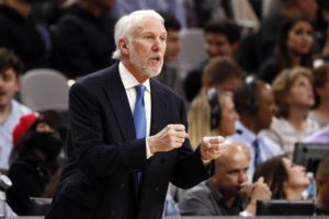 Jan 2, 2016; San Antonio, TX, USA; San Antonio Spurs head coach Gregg Popovich gives direction to his team against the Houston Rockets during the first half at AT&T Center. Mandatory Credit: Soobum Im-USA TODAY Sports
